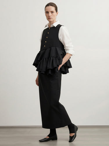 1740635 Column Irregularity Asymmetric Buttoned Contrast Color Layered Ruffled Split-Joint Lapel Maxi Dresses Shirt Dress