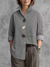 Striped Split-Joint Contrast Color Buttoned Loose Long Sleeves Lapel Blouses&shirts Tops