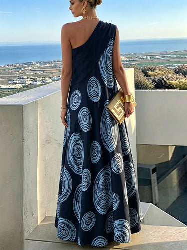 A-Line Loose Contrast Color Pleated Printed Split-Joint One-Shoulder Maxi Dresses