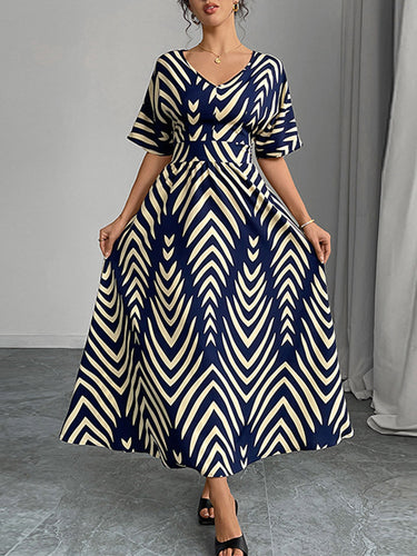 1746027 Elasticated Waist High Waisted Contrast Color Geometric Printed Split-Joint V-Neck Maxi Dresses