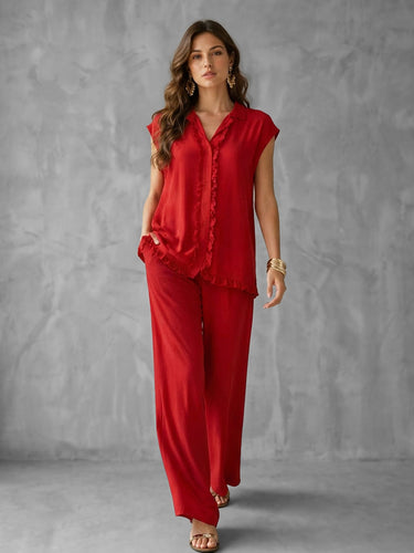 1785154 Solid Color Split-Joint Lapel Cap Sleeve Buttoned Ruffled Blouses&Shirts Tops + High Waisted Pockets Pants Trousers Two Pieces Set