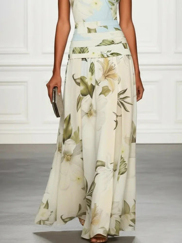 1780770 A-Line High Waisted Flower Print Pleated Split-Joint Zipper Round-Neck Maxi Dresses