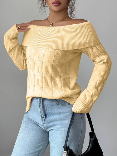 1724610 Long Sleeves Solid Color Split-Joint Off-The-Shoulder Pullovers Sweater Tops