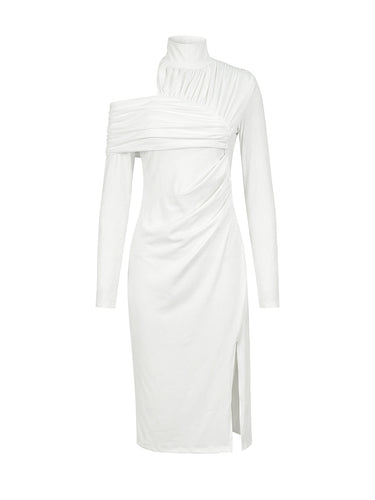 Irregularity Long Sleeves Asymmetric Pleated Solid Color Split-Front Split-Joint Split-Side High Neck Midi Dresses