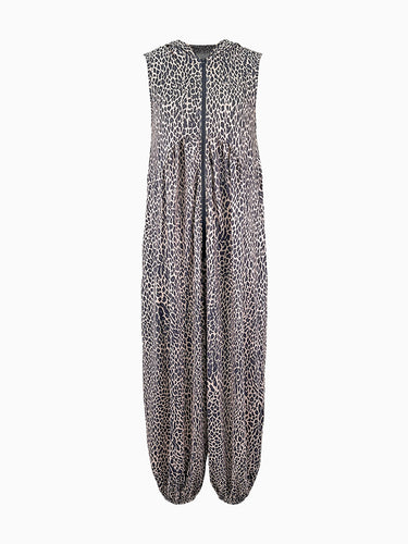 Hoog getailleerde losse contrasterende kleur luipaard geplooide zakken Split-joint ritssluiting Enkelbandjes met capuchon Jumpsuits