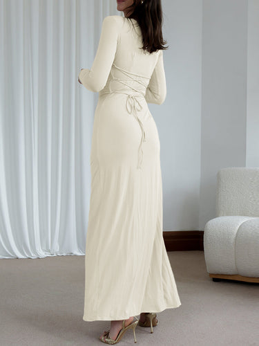 1718596 Bodycon High Waisted Asymmetric Pleated Ruffled Solid Color Split-Joint Round-Neck Maxi Dresses