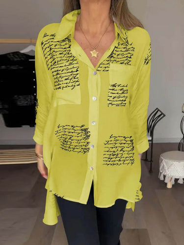 1782319 High-Low Long Sleeves Contrast Color Letter Print Pockets Lapel Blouses&Shirts Tops