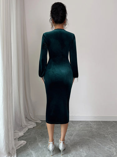 1733881 Bodycon High Waisted Asymmetric Split-Joint Tasseled Round-Neck Midi Dresses