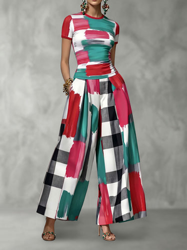 High Waisted Wide Leg Contrast Color Plaid Pleated Pockets Split-Joint Pants Trousers