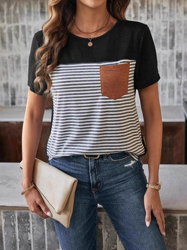 Camisetas de cuello redondo rayado de mangas cortas sueltas