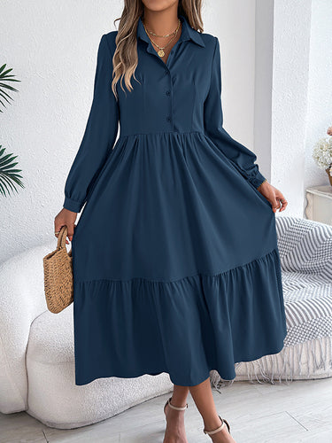 1713691 High Waisted Long Sleeves Pleated Ruffled Solid Color Lapel Midi Dresses Shirt Dress