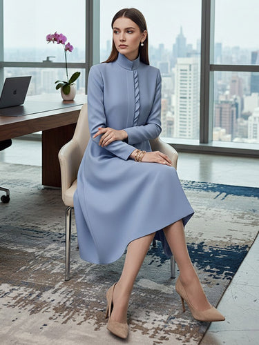 A-Line Bodycon Asymmetric Pleated Pockets Solid Color Split-Joint Stand Collar Midi Dresses