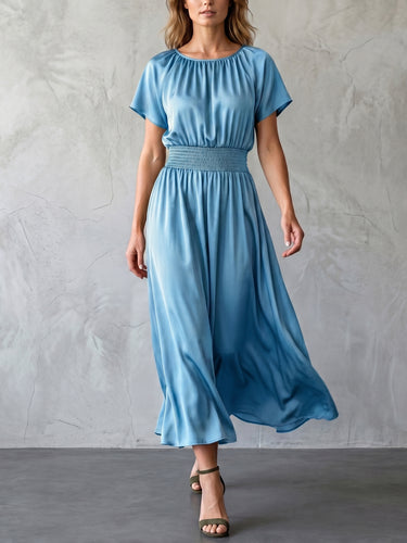 1781690 Batwing Sleeves High Waisted Elasticity Solid Color Round-Neck Maxi Dresses