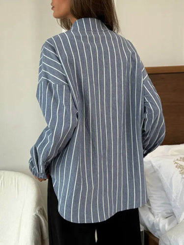 1751480 Long Sleeves Loose Buttoned Contrast Color Split-Joint Striped Lapel Blouses&Shirts Tops