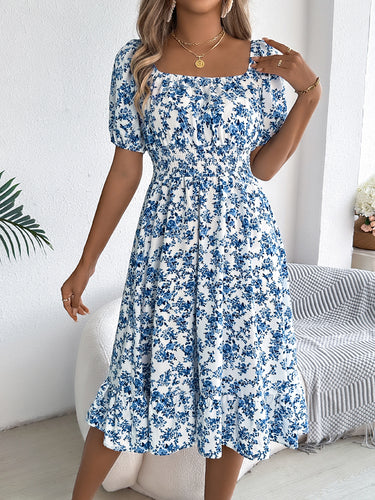 1783912 A-Line Short Sleeves Contrast Color Elasticity Flower Print Ruffle Trim Split-Joint Square-Neck Midi Dresses