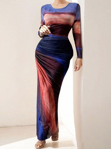 1751214 Vestidos largos ajustados con cintura alta, color en contraste, plisados, estampados, con articulación dividida y cuello redondo