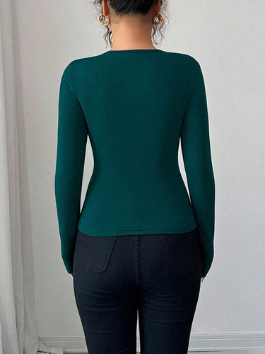 1715906 Long Sleeves Skinny Solid Color Split-Joint Asymmetric Collar T-Shirts