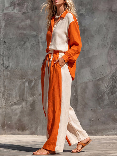 1782668 High Waisted Wide Leg Contrast Color Drawstring Elasticity Pockets Pants Trousers