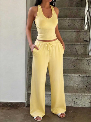 1788536 Solid Color U-neck Cropped Sleeveless Tank Tops + Drawstring Elasticity Pockets Trousers Bottoms Two Pieces Set