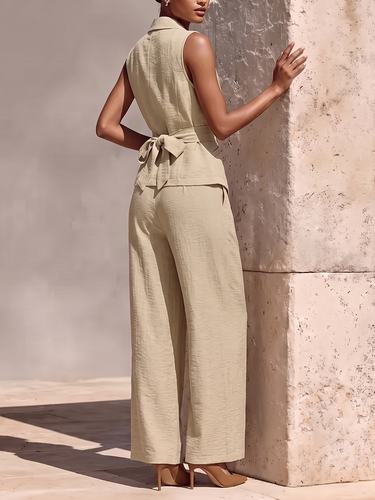 1789033 Solid Color Notched Collar Tied Sleeveless Vest Top + High Waisted Pockets Pants Trousers Two Pieces Set