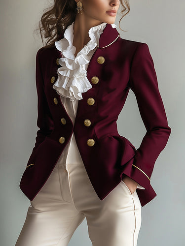 Long Sleeves Skinny Buttoned Solid Color Split-Joint Stand Collar Blazer Outerwear