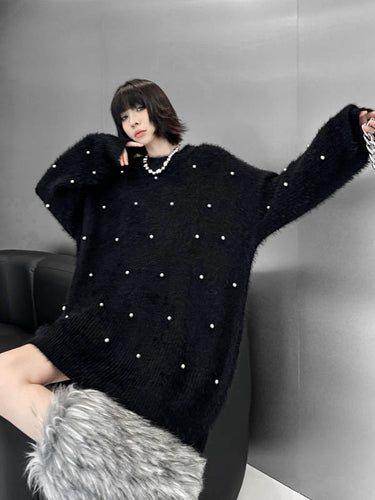 1720193 Long Sleeves Loose Beads Contrast Color Shiny Split-Joint Round-Neck Mini Dresses Sweater Dresses