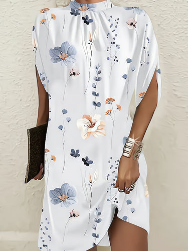 Mangas de batwing estampado de flores sueltos mini vestidos de cuello redondo