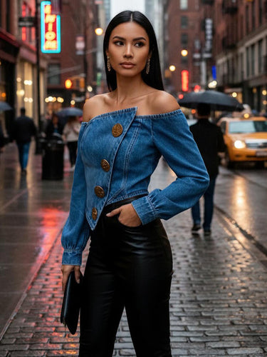 Irregularity Long Sleeves Buttoned Pleated Solid Color Split-Joint Off-The-Shoulder Blouses&Shirts Tops