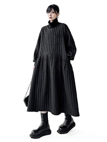 1720224 A-Line Long Sleeves Embossed Pockets Quilted Solid Color Split-Joint High Neck Midi Dresses Sweater Dresses