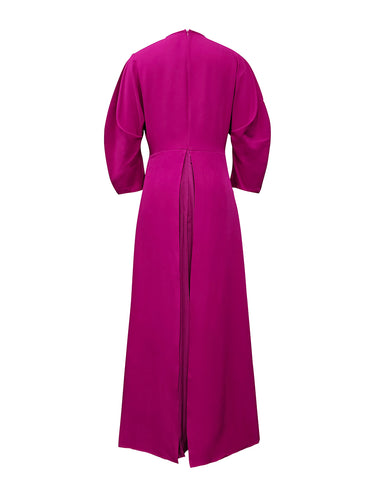 Mangas compridas soltas plissadas plissadas de cor sólida de junta dividida Vestidos maxi de pescoço redondo em camadas