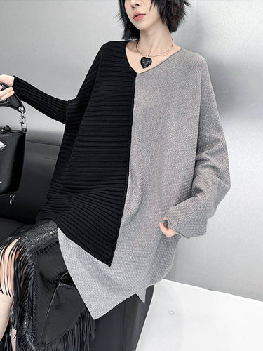 1720138 Batwing Sleeves Irregularity Asymmetric Contrast Color Split-Joint Textured V-Neck Sweater Tops