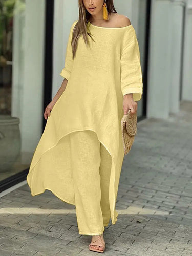 1780457 Asymmetric Solid Color High Waist High-Low Round-Neck Tops + Wide Leg Pants Bottoms Two Pieces Set