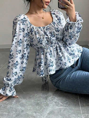 1747412 Elasticated Waist High Waisted Contrast Color Flower Print Pleated Ruffled Split-Joint Square-Neck Blouses&Shirts Tops