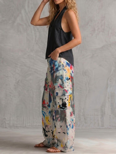 High Waisted Wide Leg Buttoned Contrast Color Graffiti Printed Pockets Jean Pants Bottoms
