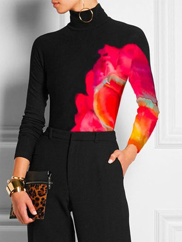 Maniche lunghe a contrasto magro color t-shirt a collo alto