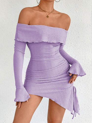 1755051 Bodycon High Waisted Asymmetric Drawstring Pleated Solid Color Split-Joint Off-The-Shoulder Mini Dresses