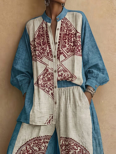 Long Sleeves Loose Buttoned Contrast Color Ethnic Printed Split-Joint Round-Neck Blouses&Shirts Tops