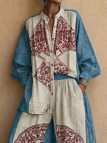 Long Sleeves Loose Buttoned Contrast Color Ethnic Printed Split-Joint Round-Neck Blouses&Shirts Tops