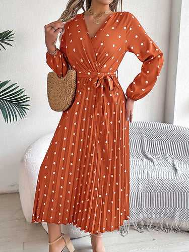 1756155 High Waisted Long Sleeves Pleated Polka Dot Tied Waist V-Neck Maxi Dresses Shirt Dress