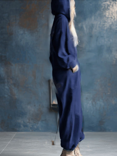 1759200 Long Sleeves Loose Buttoned Pockets Solid Color Hooded Jumpsuits