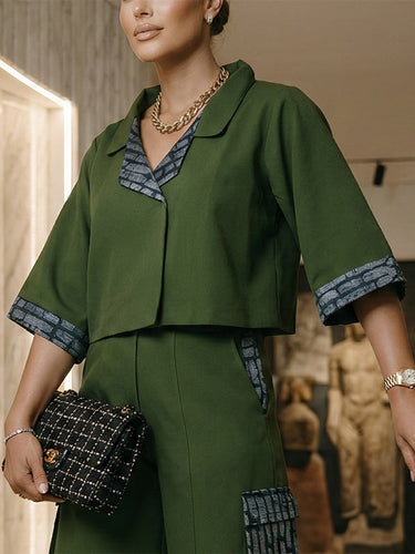 Loose Short Sleeves Buttoned Contrast Color Split-Joint Lapel Blouses&Shirts Tops