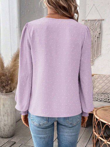 1780410 Balloon Sleeves Long Sleeves Embroidered Hollow Solid Color V-Neck Blouses&Shirts Tops