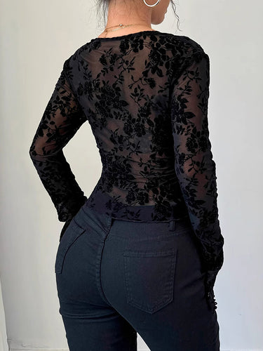 1716007 Flared Sleeves Long Sleeves Solid Color Deep V-Neck T-Shirts