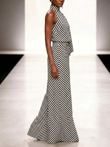 1779250 Sleeveless Contrast Color Draped Striped Halter-Neck Blouses&Shirts Tops