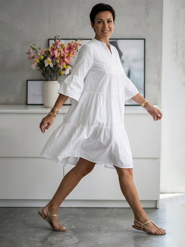 1786699 Flared Sleeves Loose Pleated Solid Color Split-Joint V-Neck Midi Dresses