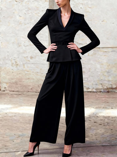 1732785 Elasticated Waist High Waisted Belted Ruffled Solid Color V-Neck Blazer Blouses&Shirts Tops