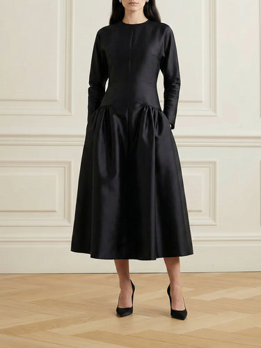 Long Sleeves Solid Color Round-Neck Midi Dresses