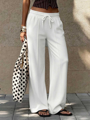 1788540 Solid Color Pockets Elasticity Drawstring Wide Leg Loose Trousers Pants