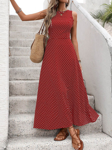 1768493 A-Linien-Maxikleid mit hohem Bund und kontrastfarbenem Polka-Dot-Rundhalsausschnitt