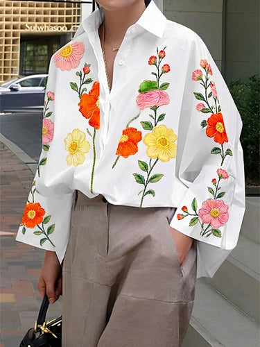 Long Sleeves Loose Buttoned Contrast Color Flower Print Lapel Blouses&Shirts Tops